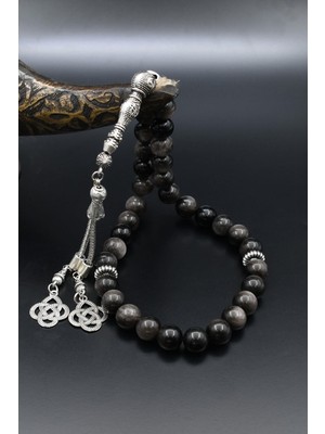 Prestige Gümüş Doğal Obsidyen Taşlı 33'lük Tesbih Metal Püsküllü 10MM Küre Kesim 902513