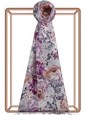 İpekevi Ipekevi Gül Deryası Desenli Ipek Şal 5932-GÜMÜŞ Fuşya