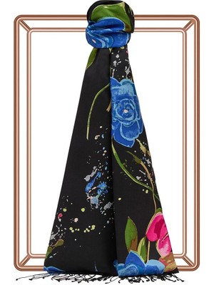 İpekevi Ipekevi Yaz Bahçesi Desenli Ipek Şal 07165-SIYAH