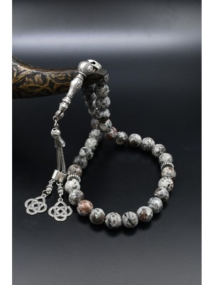 Prestige Gümüş Doğal Larvikite (Larvakit) Taşlı 33'lük Tesbih Metal Püsküllü 10MM Küre Kesim 902514