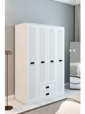 Country Model 4 Kapaklı 2 Çekmeceli Gardırop - Mdf Membran Kapak | 180 cm Çok Amaçlı Elbise Dolabı