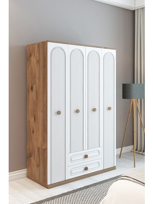 İzco Design Bohem Model 4 Kapaklı 2 Çekmeceli Gardırop - Mdf Membran Kapak | 180 cm Çok Amaçlı Elbise Dolabı