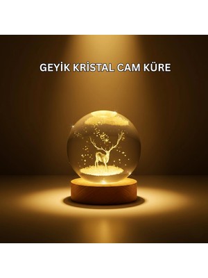 USB Bağlantılı Geyik Temalı Kristal Küre Premium Masa Gece Lambası