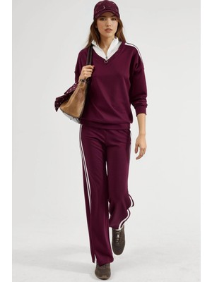 Hiccup Kadın Modal Dokulu Fermuarlı Yaka, Geniş Paçalı Iki Parçalı Takım Berşan Collection Bordo Kırmızı