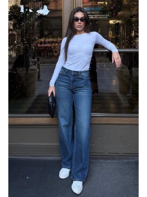 Madmext Mavi %100Pamuklu Geniş Paça Yüksek Bel Kadın Wide Leg Jean MG2623