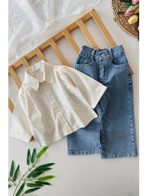 Miniğimin Cicileri Taşlı Kız Çocuk Gömlekli 2 Li Takım - Ekru