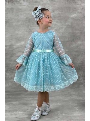 Riccotarz Kız Çocuk Üzeri Puantiye Detaylı Kolları Şeffaf Tüllü Prenses Turkuaz Elbise