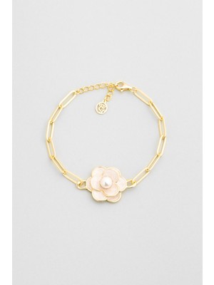 So CHIC Kamelya Çiçeği 18 Ayar Sarı Altın Kaplama 19 Cm Gümüş Zincir Bileklik