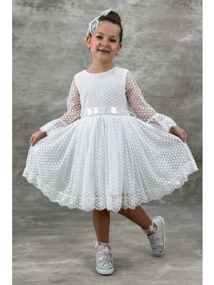 Riccotarz Kız Çocuk Üzeri Puantiye Detaylı Kolları Şeffaf Tüllü Prenses Beyaz Elbise