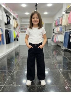 ERDEM KIDS Kız Çocuk Pamuklu Beli Lastikli Jean Pantolon Rahat Kalıp Geniş Bol Paça Kot Pantolon