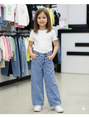 ERDEM KIDS Kız Çocuk Pamuklu Beli Lastikli Jean Pantolon Rahat Kalıp Geniş Bol Paça Taş Detaylı Kot Pantolon