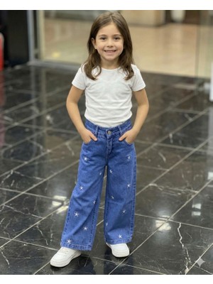 ERDEM KIDS Kız Çocuk Pamuklu Beli Lastikli Jean Pantolon Rahat Kalıp Geniş Bol Paça Yıldız Nakış Kot Pantolon
