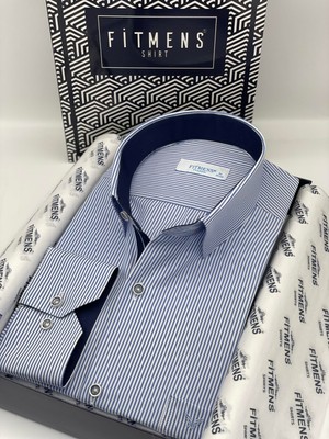 Fitmens Klasik Uzun Kol Ince Çizgili Cepli Hediye Kutulu Erkek Gömlek FS-003317 - Saks Mavi