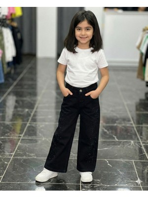 ERDEM KIDS Kız Çocuk Pamuklu Beli Lastikli Jean Pantolon Rahat Kalıp Geniş Bol Paça Taş Detaylı Kot Pantolon
