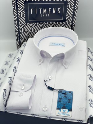 Fitmens Slim Fit Uzun Kol Baklava Desen Kol Nakışlı Yaka Düğmeli Hediye Kutulu Şık Erkek Gömlek FS-004200 - Beyaz
