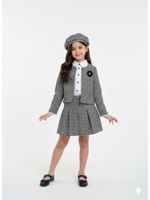 tinytrends Kız Çocuk Kazayağı Desenli Pamuklu Ceket Gömlek Etek Bere 4'lü Takım Elbise (Külotlu Çorap Hediyeli)