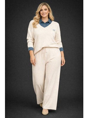 BezeXL Büyük Beden Yakası Kot Ikili Triko Takım Ekru
