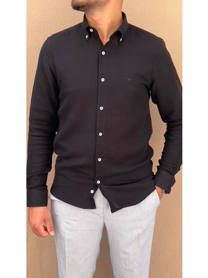 Fitmens Slim Fit Uzun Kol Müslin Pamuk Rahat Nefes Alabilen Kumaştan Yaka Düğmeli Hediye Kutulu Erkek Gömlek FS-004202 - Siyah