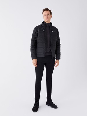 LC Waikiki Classic Siyah Standart Kalıp Dik Yaka Erkek Deri Görünümlü Mont