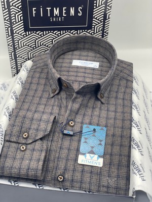 Fitmens Klasik Uzun Kol Kışlık Kareli Yaka Düğmeli Pamuklu Hediye Kutulu Erkek Gömlek FS-004342 - Kahverengi