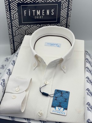 Fitmens Slim Fit Uzun Kol Baklava Desen Kol Nakışlı Yaka Düğmeli Hediye Kutulu Şık Erkek Gömlek FS-004200 - Krem