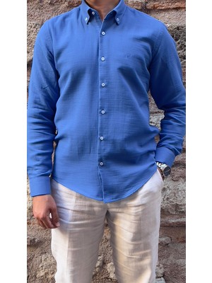 Fitmens Slim Fit Uzun Kol Müslin Pamuk Rahat Nefes Alabilen Kumaştan Yaka Düğmeli Hediye Kutulu Erkek Gömlek FS-004202 - Saks Mavi