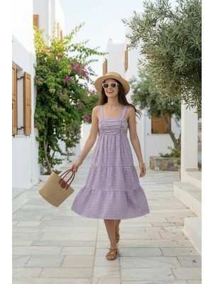 Pastelastore Askılı Pötikare Desenli Yazlık Midi Boy Kadın Elbise 1300