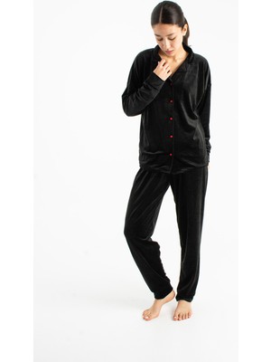 Ecrou Kadın Siyah Düz Bebe Yaka Kadife 2li Takım