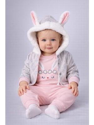 Dinamik çocuk Kız Bebek Tüylü Kapüşonlu Tavşan Kulaklı Çizgili Tavşan Baskılı 3 Parça Zıbınlı Şirin Kız Takımı 0-3-6-9AYLIK