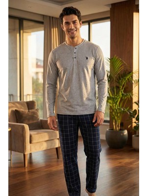 Erkek Pamuklu Pijama Takımı Uzun Kollu Alt Kareli C3T1N05