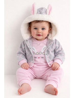 Dinamik çocuk Kız Bebek Tüylü Kapüşonlu Tavşan Kulaklı Çizgili Tavşan Baskılı 3 Parça Zıbınlı Şirin Kız Takımı 0-3-6-9AYLIK