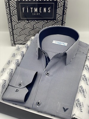 Fitmens Klasik Uzun Kol Ince Çizgili Cepli Hediye Kutulu Erkek Gömlek FS-003317 - Lacivert