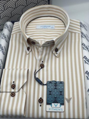 Fitmens Slim Fit Uzun Kol Likralı Çizgili Yaka Düğmeli Hediye Kutulu Erkek Gömlek FS-003669 - Bej