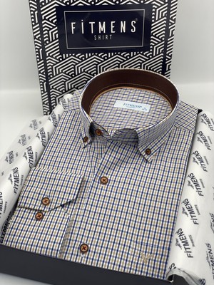 Fitmens Klasik Uzun Kol Yaka Düğmeli Pöti Kareli Hediye Kutulu Erkek Gömlek FS-003774 - Bej