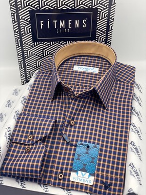 Fitmens Klasik Geniş Kesim Uzun Kol Elegance Kareli Yaka Düğmeli Hediye Kutulu Erkek Gömlek FS-004341 - Lacivert Bej