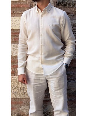 Fitmens Slim Fit Uzun Kol Müslin Pamuk Rahat Nefes Alabilen Kumaştan Yaka Düğmeli Hediye Kutulu Erkek Gömlek FS-004202 - Krem
