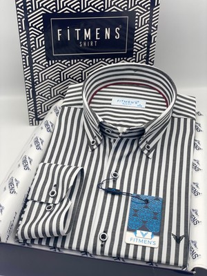 Fitmens Slim Fit Uzun Kol Likralı Çizgili Yaka Düğmeli Hediye Kutulu Erkek Gömlek FS-003669 - Koyu Gri