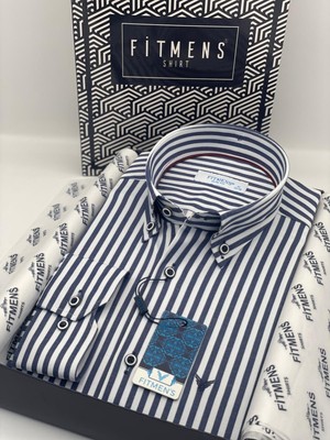 Fitmens Slim Fit Uzun Kol Likralı Çizgili Yaka Düğmeli Hediye Kutulu Erkek Gömlek FS-003669 - Lacivert