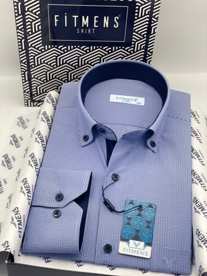 Fitmens Klasik Uzun Kol Pöti Kareli Yaka Düğmeli Hediye Kutulu Erkek Gömlek FS-002273 - Mavi