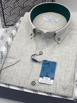 Fitmens Klasik Kısa Kol Keten Yaka Düğmeli Hediye Kutulu Erkek Gömlek FS-003626 - Yeşil