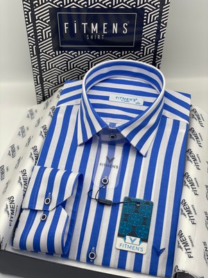 Fitmens Klasik Uzun Kol Çizgili Cepsiz Yaka Alttan Düğmeli Likralı Hediye Kutulu Erkek Gömlek FS-003175 - Saks Mavi Beyaz