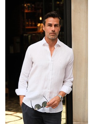 Fitmens Slim Fit Uzun Kol %100 Keten Nefes Alabilen Kumaştan Hediye Kutulu Erkek Gömlek FS-004170 - Beyaz
