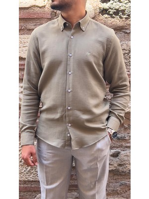 Fitmens Slim Fit Uzun Kol Müslin Pamuk Rahat Nefes Alabilen Kumaştan Yaka Düğmeli Hediye Kutulu Erkek Gömlek FS-004202 - Haki