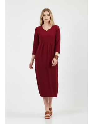 Volanlı Bordo Yarım Kol Elbise