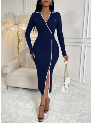 Nidam Butik Kadın Uzun Kollu Yakalı Cepli Düğmeli Yırtmaç Detaylı Modal Uzun Elbise