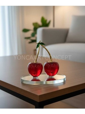 Yonca Hediyelik Şık Kutusu Ile Tasarım Cam Kristal Kiraz Dekoratif Obje Kırmızı