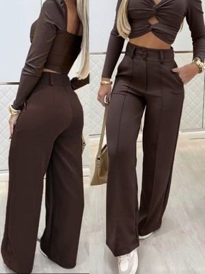 Cottonlab Kadın Uzun Kollu Göğüs Dekolteli Ithal Krep Bluz ve Pantolon Ikili Takım