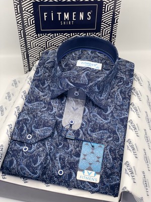 Klasik Uzun Kol Likralı Cepsiz Şal Desen Yaka Alttan Düğmeli Hediye Kutulu Erkek Gömlek FS-003668 - Lacivert