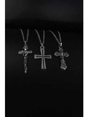 3'lü Çarmıh, Haç ve Isa Haç Gümüş Renk Kolye Set