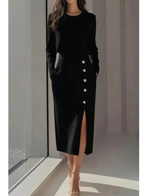 Cottonlab Kadın Uzun Kollu Bisiklet Yakalı Yandan Yırtmaçlı Düğmeli Midi Ithal Krep Elbise